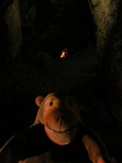 Mr Monkey looking up at a replica of a lead miner