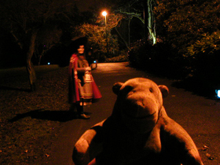 Mr Monkey leaving Little Red Riding Hood in the Park