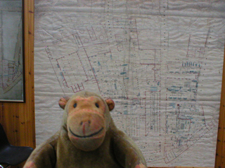 Mr Monkey looking at a plan of the works