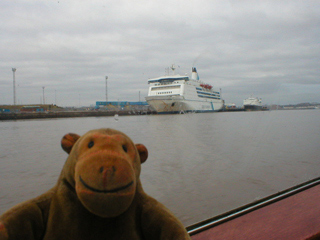Mr Monkey looking at the DFDS ferry King of Scandinavia