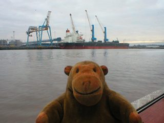 Mr Monkey looking at a cargo boat being loaded