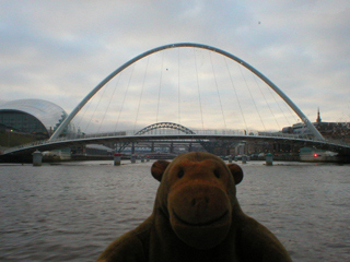 Mr Monkey looking at the Millennium Bridge from the river