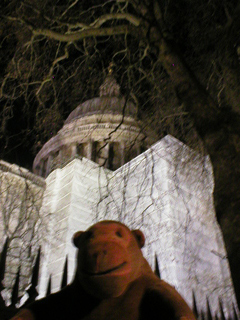 Mr Monkey looking at St Paul's cathedral at night