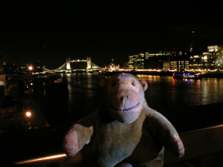 Mr Monkey looking at Tower Bridge from London Bridge at night