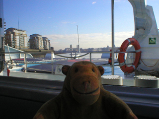Mr Monkey looking towards Greenwhich from the front of the catamaran