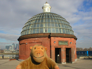 Mr Monkey looking at the southern rotunda of the Greenwich foot tunnel