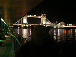 Mr Monkey looking at Tower Bridge from the Tower Millennium Pier