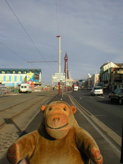 Mr Monkey waiting for a bus in Blackpool