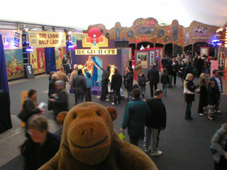 Mr Monkey looking at the Circus of Wonders exhibition space