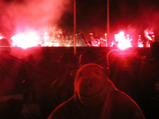 Mr Monkey looking at the musical contraptions illuminated with red flares