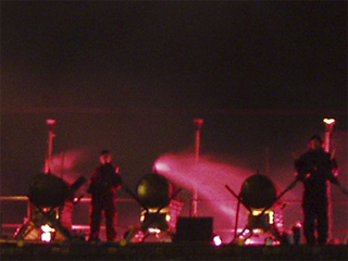 Some musical contraptions floodlit in red