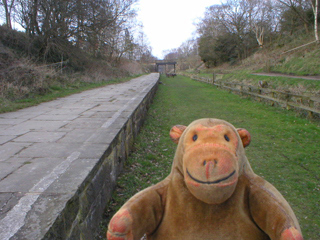 Mr Monkey looking at the platform of the old Higher Poynton station