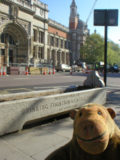 Mr Monkey looking at a horse trough opposite the V & A
