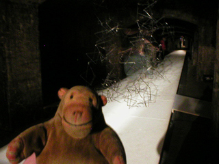 Mr Monkey looking at a wire sculpture in the long tunnel