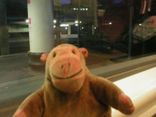 Mr Monkey looking out of the train at Euston