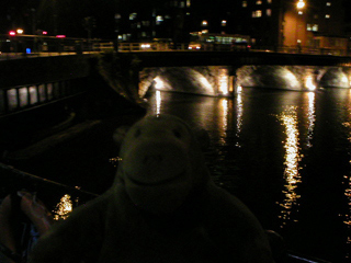 Mr Monkey looking at Bristol Bridge at night