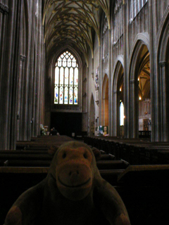 Mr Monkey looking down the nave to the west end of the church