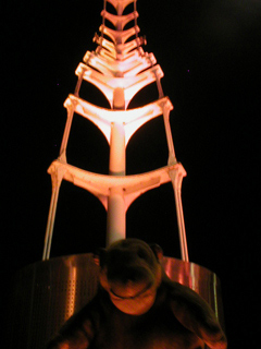Mr Monkey looking up at the illuminated spine in Millennium Square