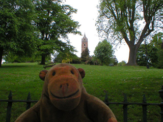 Mr Monkey looking up at Cabot's Tower on Brandon Hill