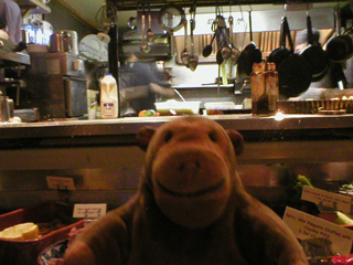 Mr Monkey looking at the kitchen and counter of the Olive Shed