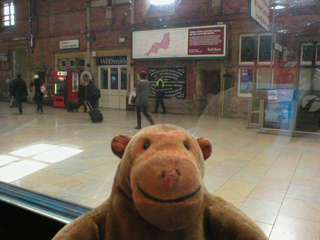 Mr Monkey looking out of the train window at Temple Meads