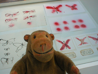 Mr Monkey looking at sketches of butterflies
