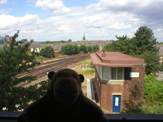 Mr Monkey looking down on Harrogate North signal box