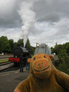 Mr Monkey watching the locomotive letting off steam
