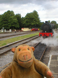 Mr Monkey watching the locomotive reversing towards a set of points