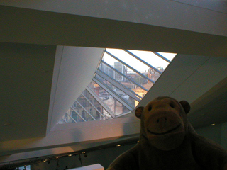 Mr Monkey looking at Manchester through the roof of Urbis