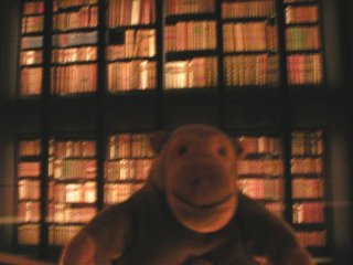 Mr Monkey in front of a shelf of old books