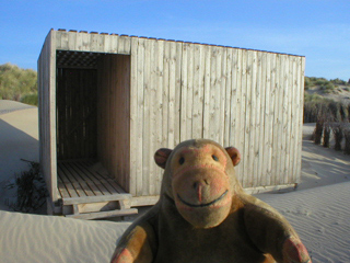 Mr Monkey outside a hut in a sand dune