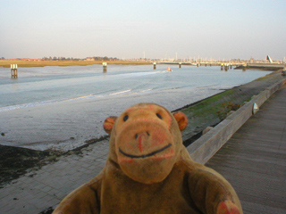 Mr Monkey looking upstream towards Nieuwpoort old town