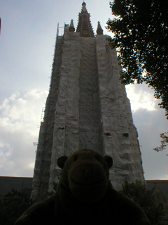 Mr Monkey looking up at the plastic-shrouded tower of the Church of Our Lady