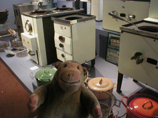 Mr Monkey looking at a selection of chip cooking devices