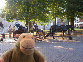 Mr Monkey looking at a horse-drawn carriage on Wijngaardstraat