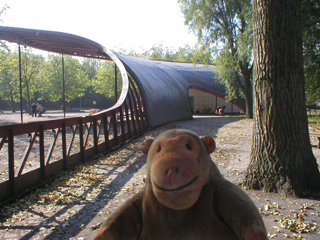 Mr Monkey looking at the bus shelter beside the Barge Bridge