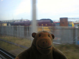 Mr Monkey looking at the Crewe Heritage Centre from the train