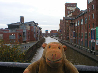 Mr Monkey looking along the canal at the Chester water tower