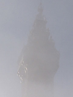 The top of Blackpool Tower shrouded in mist