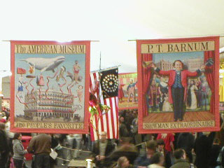 A pair of banners depicting P.T. Barnum and the American Museum