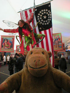 Mr Monkey looking at the Barnum-humbug figure