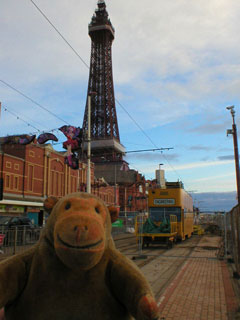 Mr Monkey looking at the engineering works on the tramlines