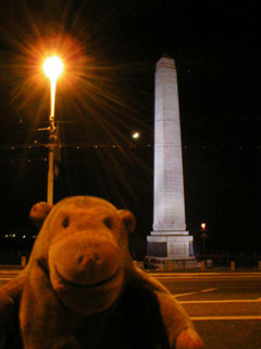 Mr Monkey looking at the war memorial in the dark