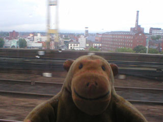 Mr Monkey looking at Stockport from the viaduct