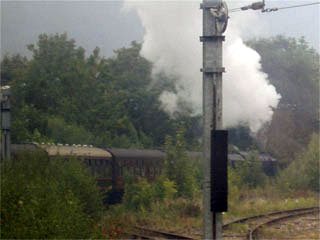 The front half of the train turning for Stalybridge