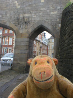 Mr Monkey trotting through an arch cut in the city walls