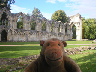 Mr Monkey looking at the ruins of St Mary's Abbey