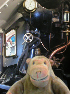 Mr Monkey looking at the controls of the Duchess of Hamilton