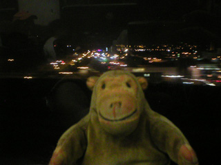 Mr Monkey looking at the lights of Stockport from the viaduct at night